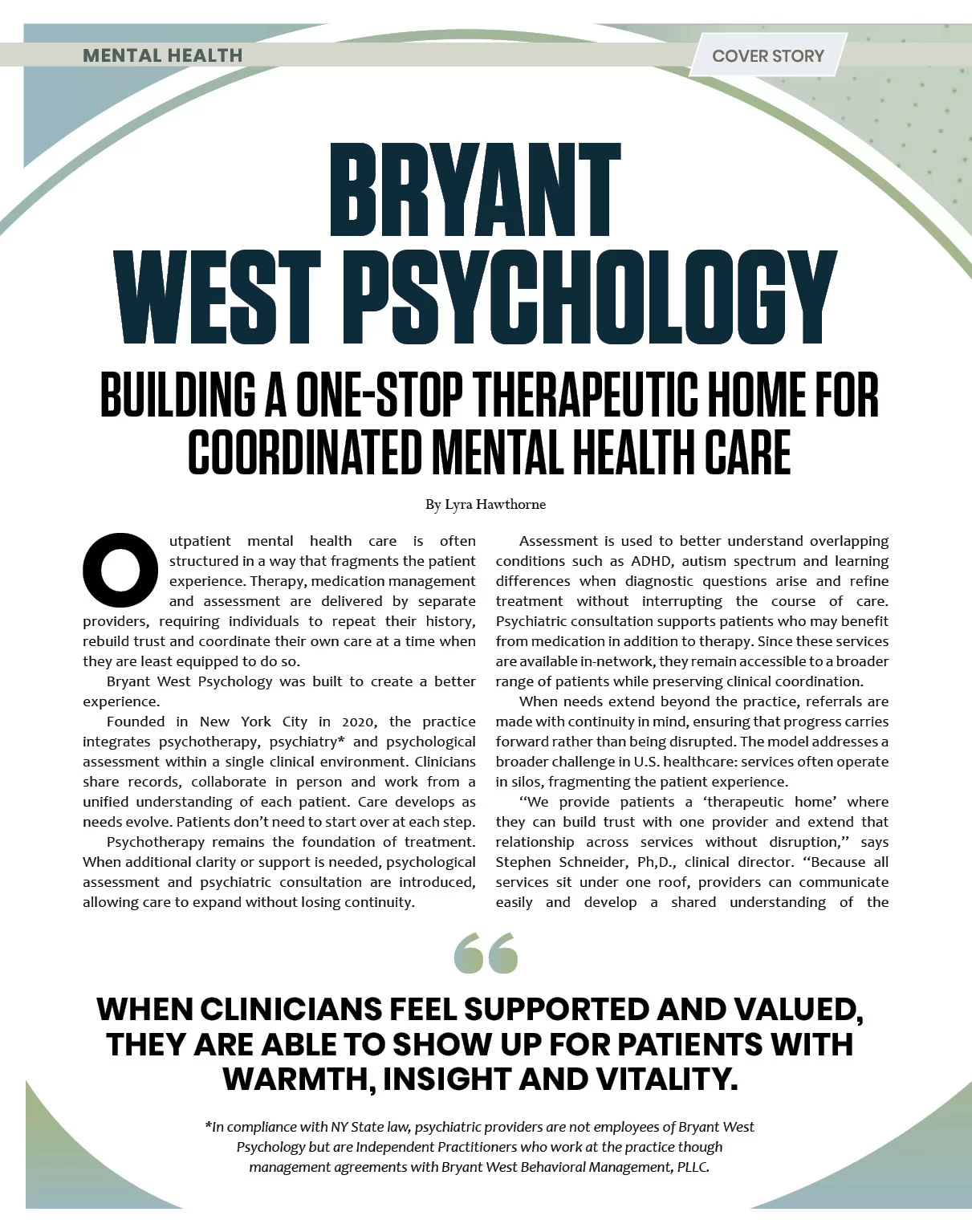 Bryant West Psychology: Building a One-Stop Therapeutic Home for Coordinated Mental Health Care Current Issue
